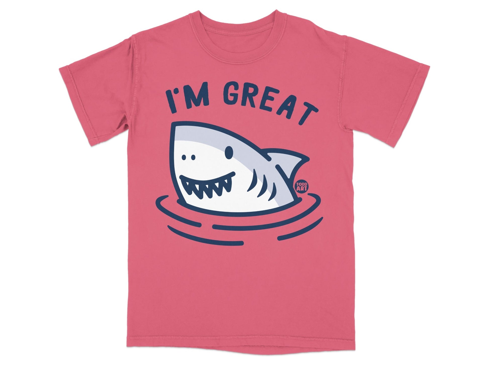 Pink t-shirt with a cartoon shark and "I'm Great" text.