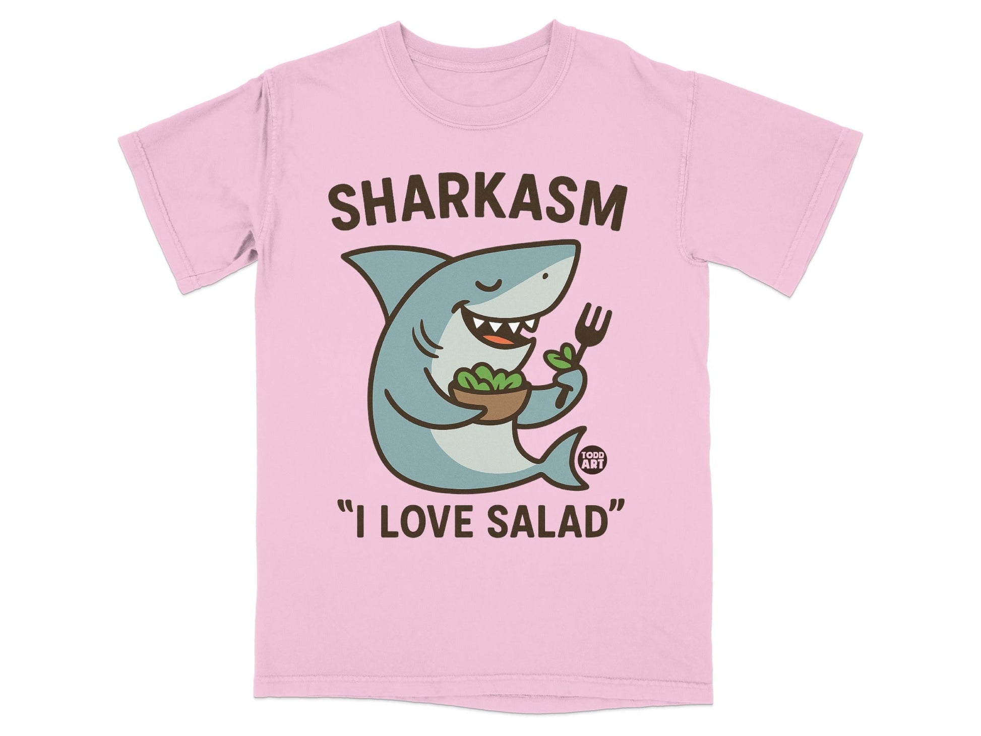 Pink t-shirt with cartoon shark holding a salad and saying "I LOVE SALAD".