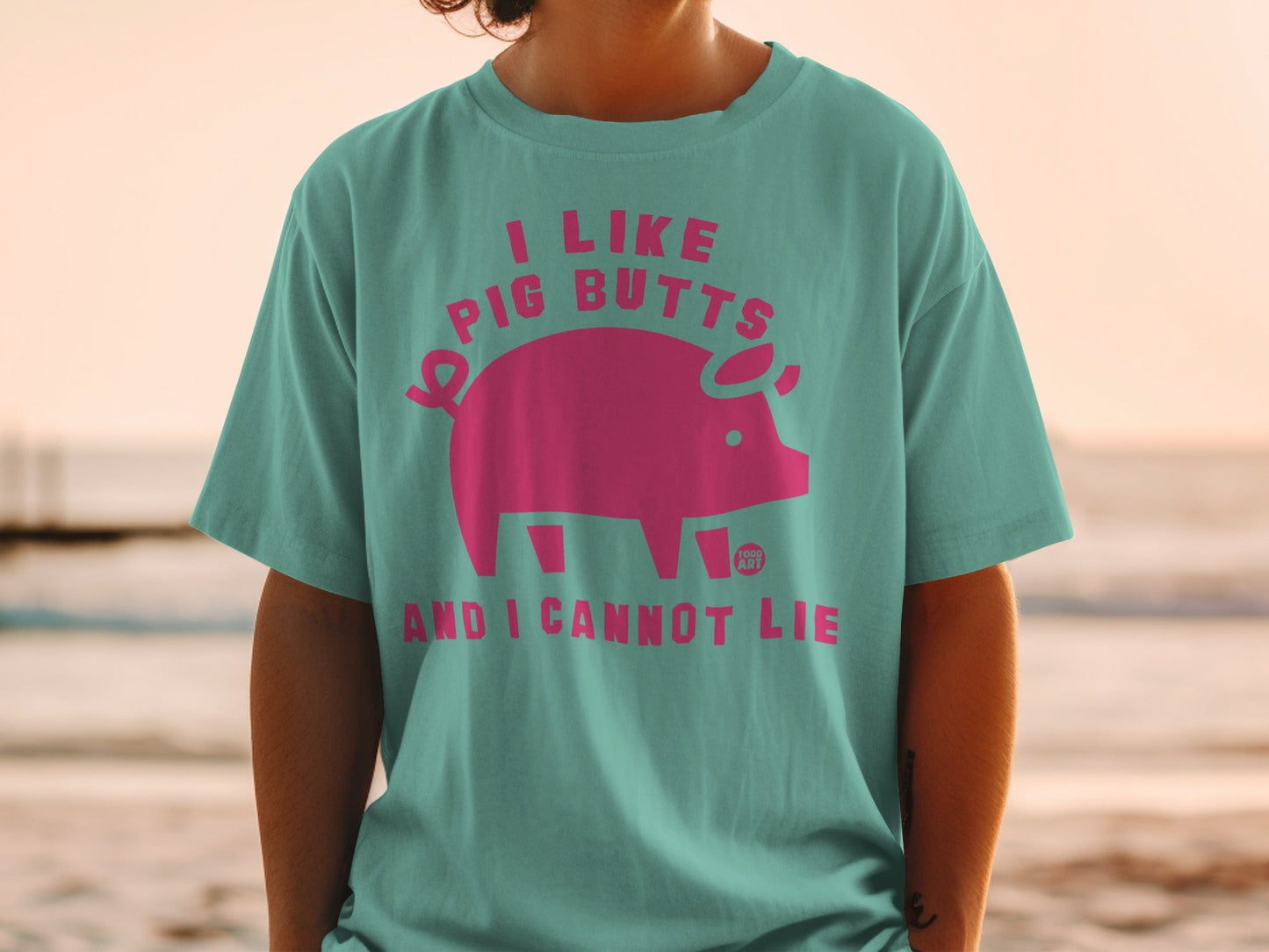 Teal t-shirt with pink pig graphic and "I like pig butts and I cannot lie" text.