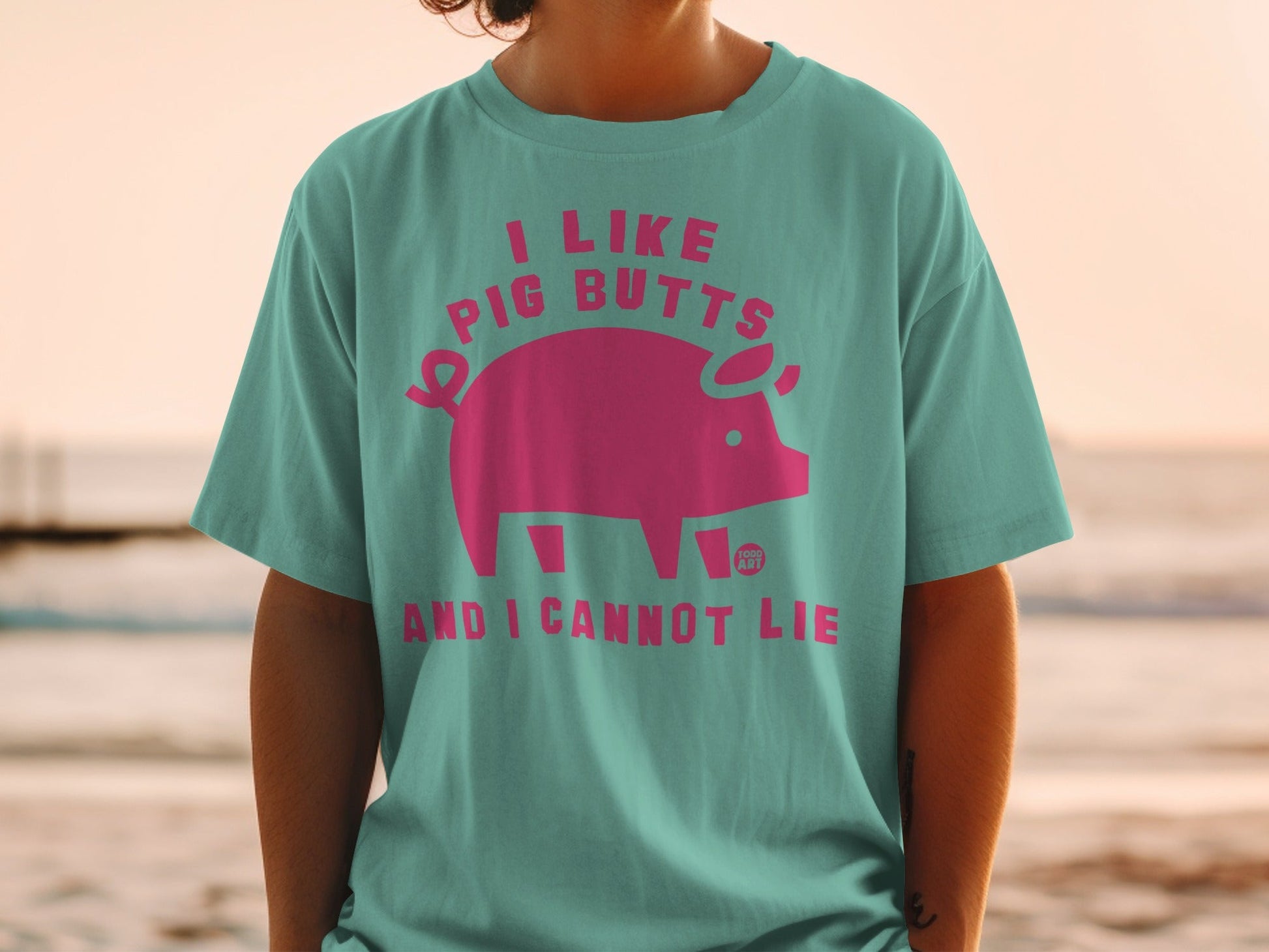 Teal t-shirt with pink pig graphic and "I like pig butts and I cannot lie" text.