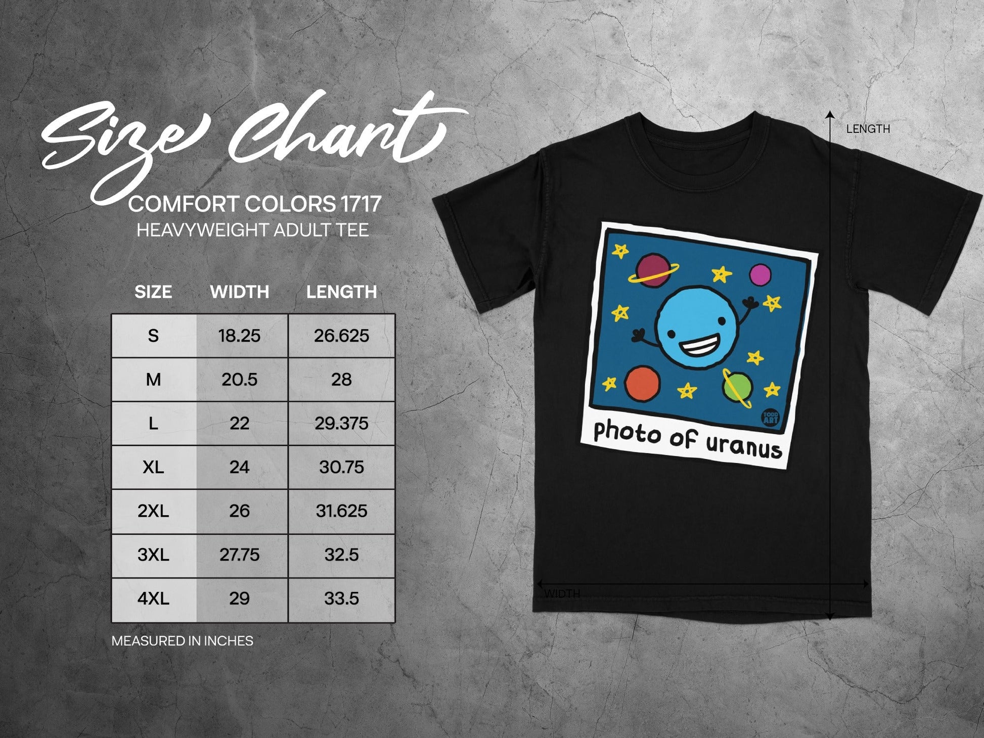 T-shirt size chart with measurements and graphic of cartoon planet Uranus.