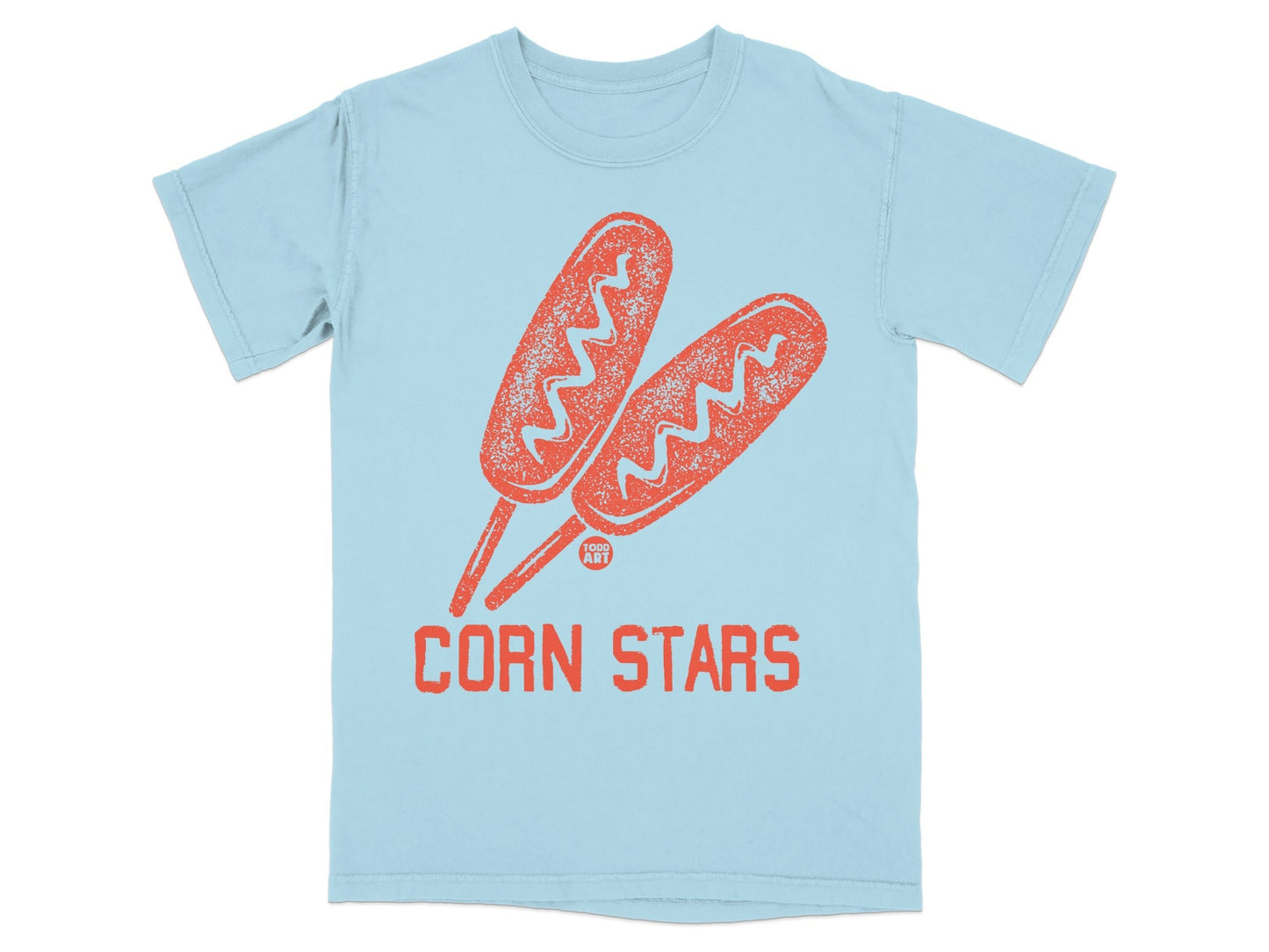 Light blue t-shirt with distressed orange corn dog artwork and "CORN STARS" text.