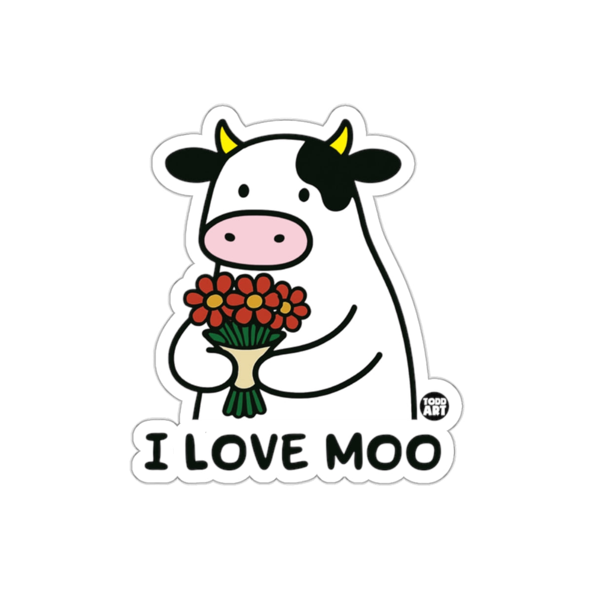 I Love Moo Adorable Cow Holding Bouquet Sticker