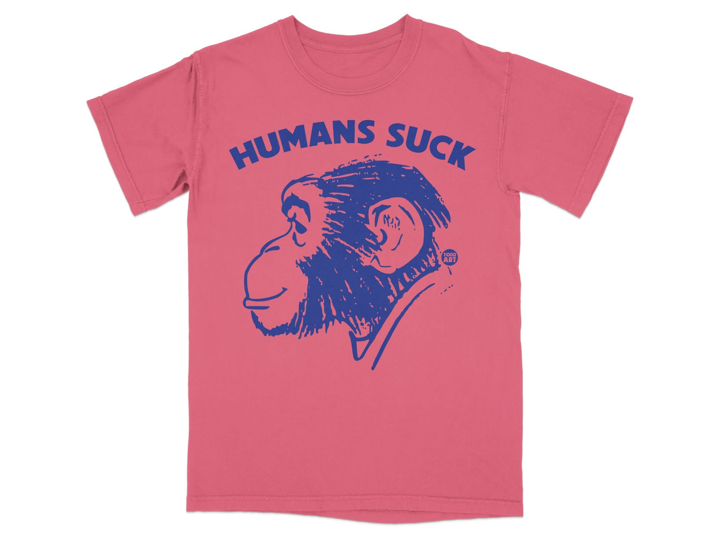 Pink t-shirt with blue monkey graphic and "HUMANS SUCK" text.