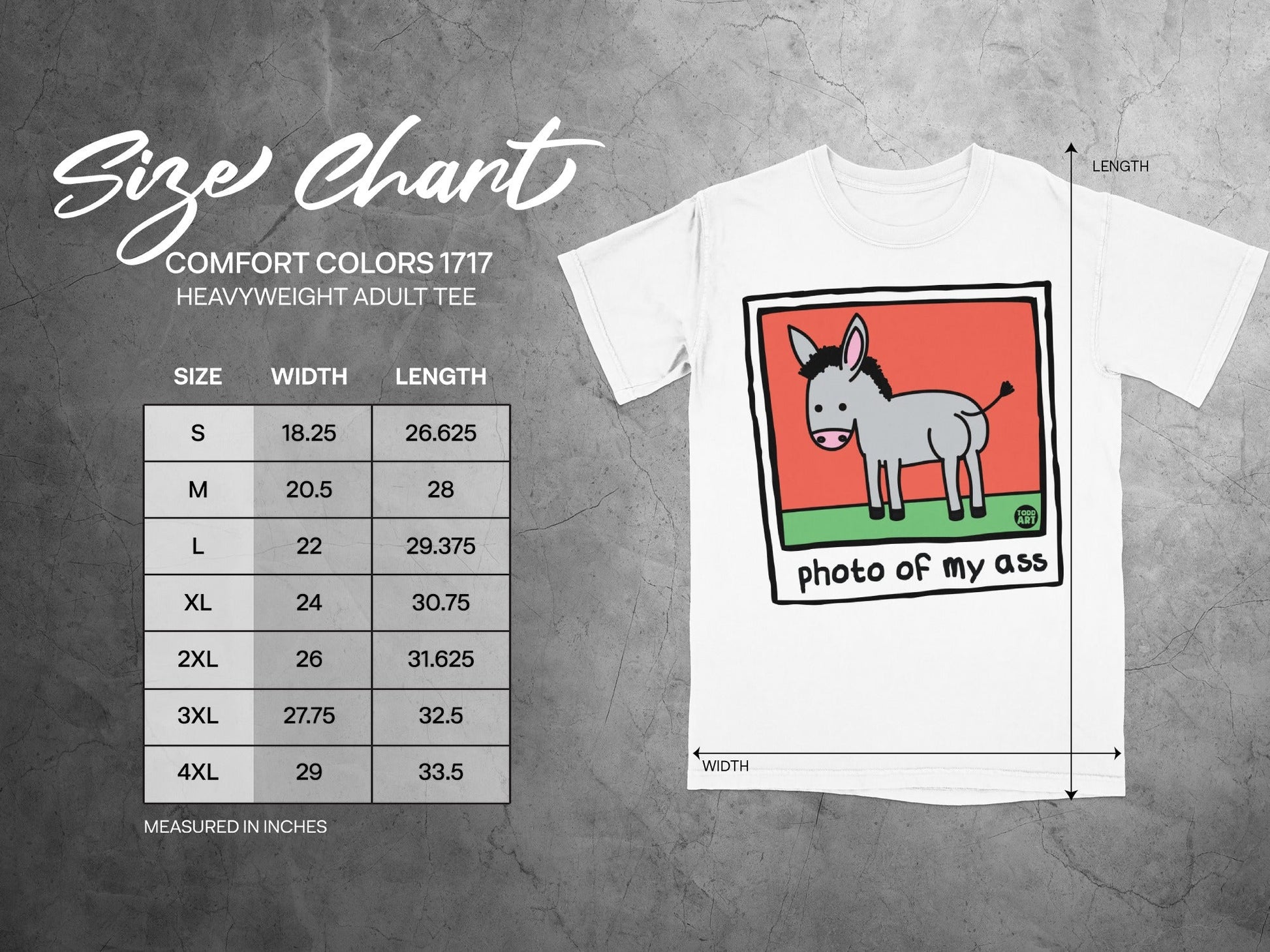 Size chart for Comfort Colors 1717 heavyweight adult tee with cartoon donkey.