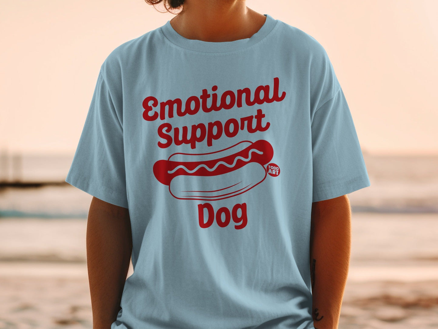 Light blue t-shirt with "Emotional Support Dog" and hot dog graphic.