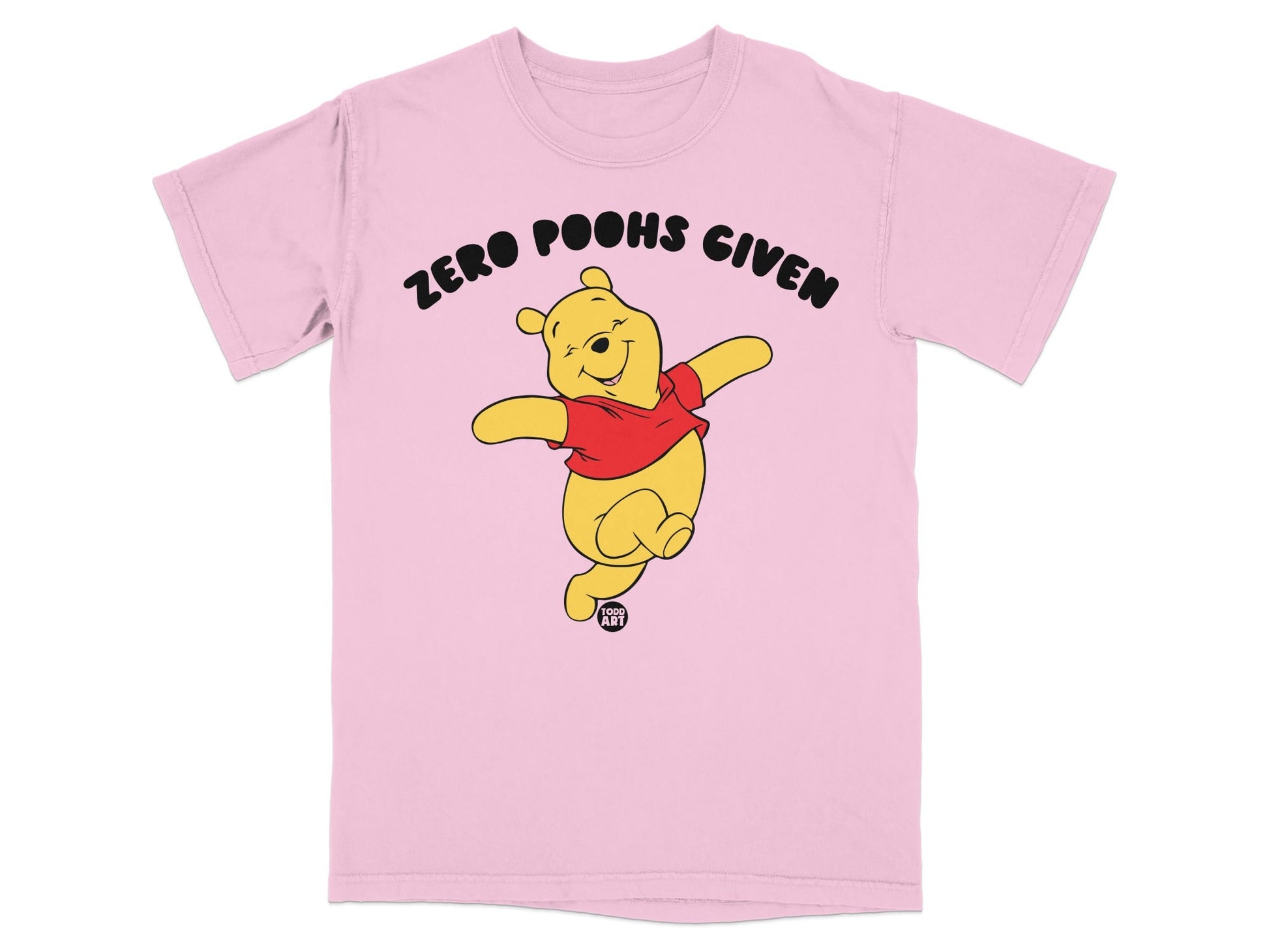 Winnie the Pooh in red shirt with text "ZERO POOHS GIVEN" and logo.
