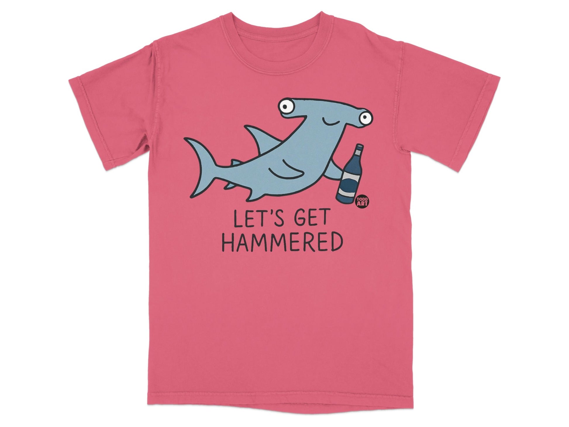 Hammerhead shark with a drink that says "Let's Get Hammered."