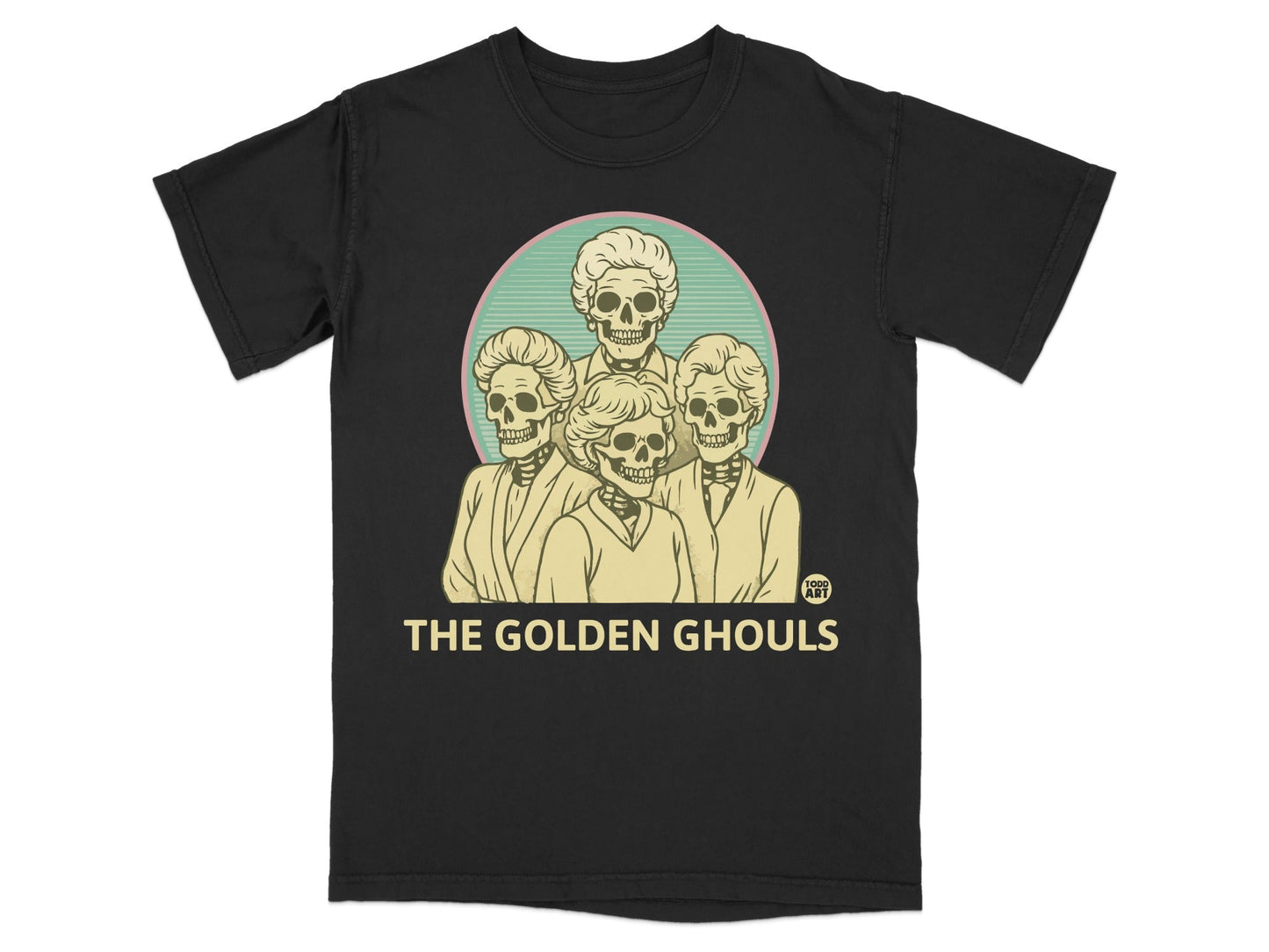 Black t-shirt with "The Golden Ghouls" text and four skeleton characters.