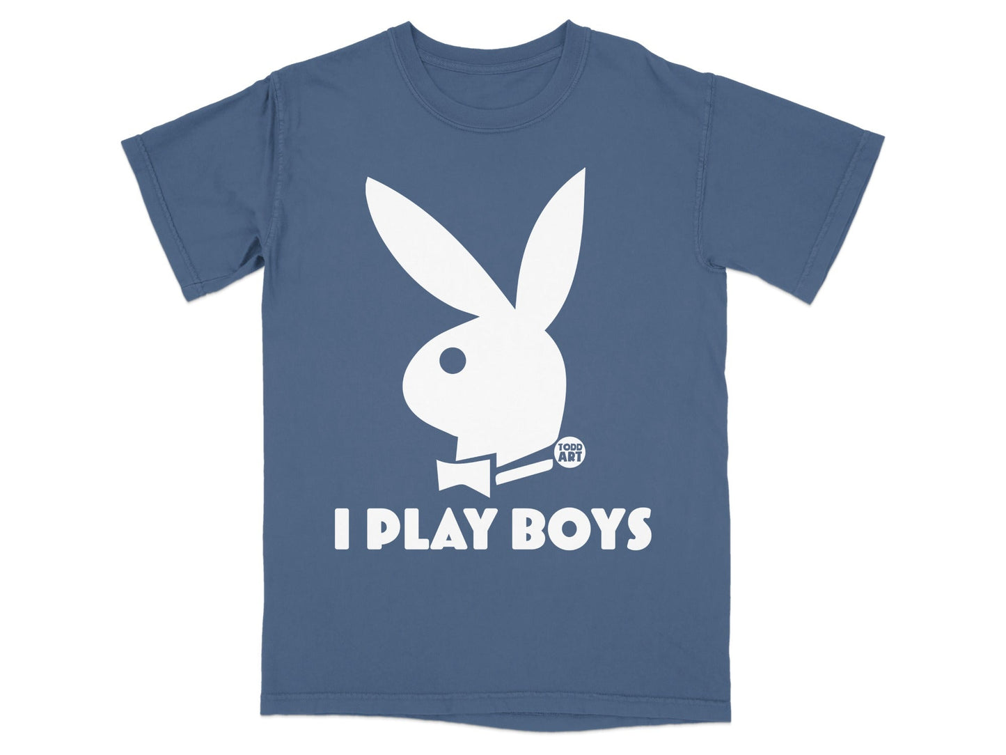 Blue t-shirt with white Playboy bunny logo and "I PLAY BOYS" text.