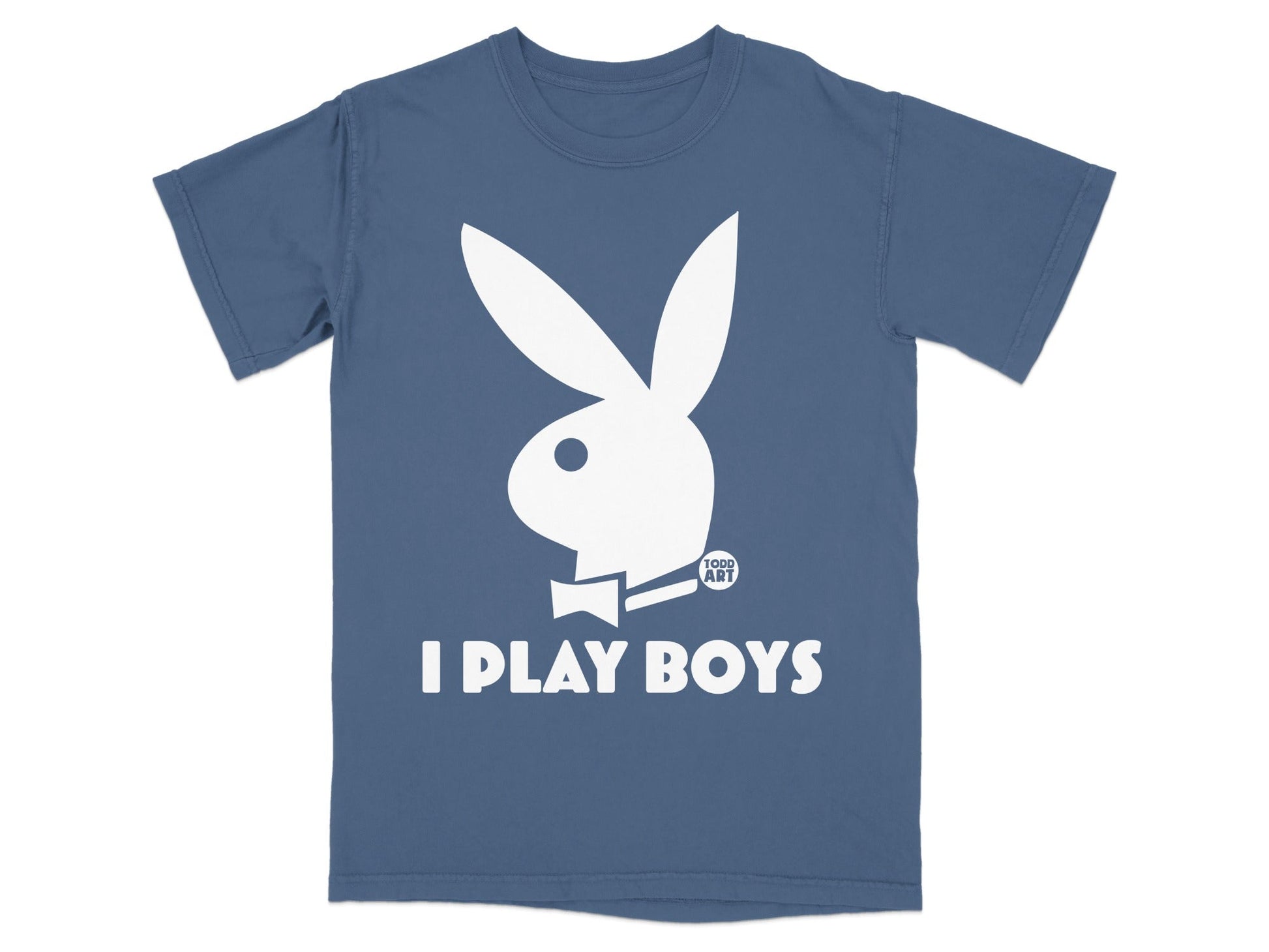 Blue t-shirt with white Playboy bunny logo and "I PLAY BOYS" text.