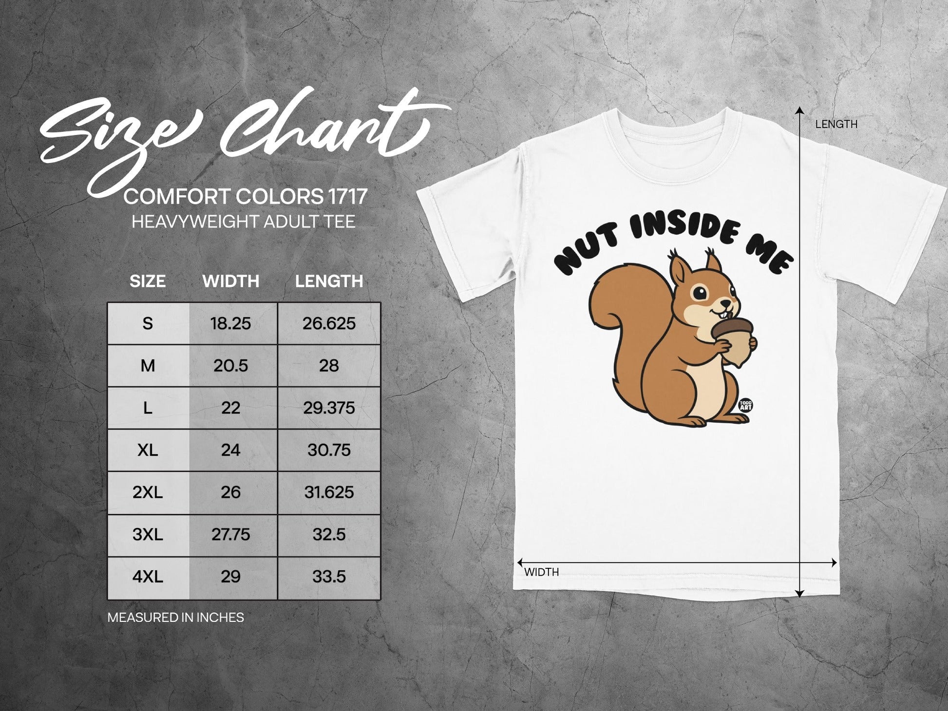 Comfort Colors 1717 heavyweight adult tee size chart with squirrel graphic.