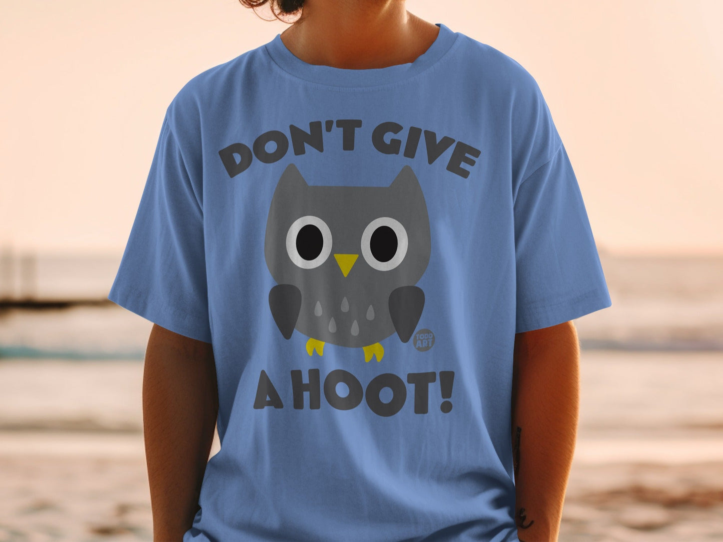 Blue t-shirt with a cartoon owl graphic and "DON'T GIVE A HOOT!" text.